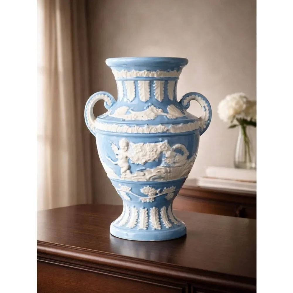 Vintage - Japan Blue Vase with White Cherub Angels - Wedgewood Style Handles